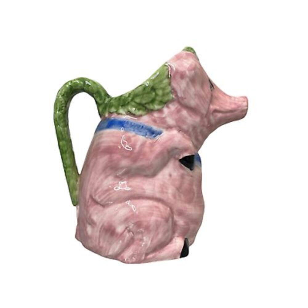 Costa Italy Pink‎ Pig Pitcher Hand Painted Blue Ribbon 8.5" For William Sonoma - Picture 3 of 7